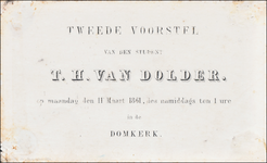 711706 Proefpreekkaartje: 'Tweede Voorstel van den student T.H. van Dolder’ in de Domkerk te Utrecht, op maandag 11 ...